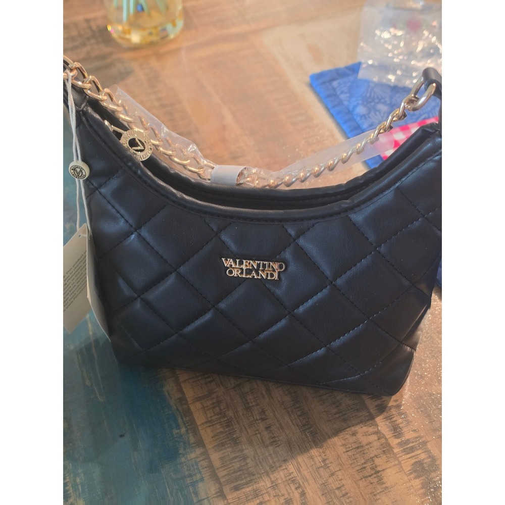 Valentino Orlandi Black Quilted Vegan Leather Shoulder Bag Gold Chain Strap NWT